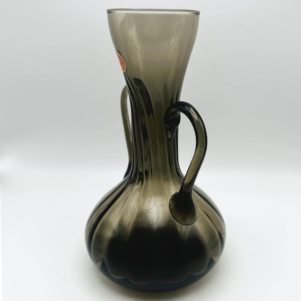 Vintage Empoli Italian Art Glass Double Handle Amphora Vase Smoke Gray Brown
